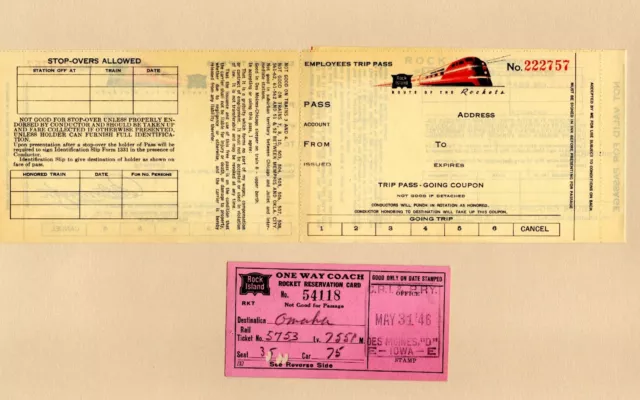 Rock Island Railroad - two diff. 1940's passenger train ticket forms