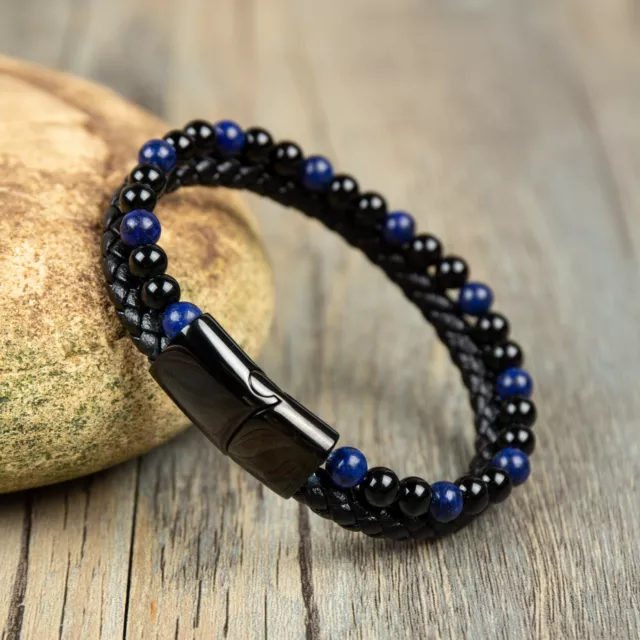 Lapis Lazuli Obsidian Beads Men's Braided Leather Bracelet Magnetic Clasp Bangle