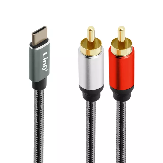 Câble Audio USB-C vers 2x RCA Mâles Son de Qualité Nylon Tressé 1.5m LinQ Gris