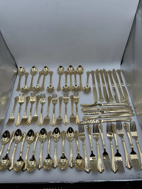 Vintage WM ROGERS & SON Gold-plated 57 pieces Flatware Set Royal Plume READ