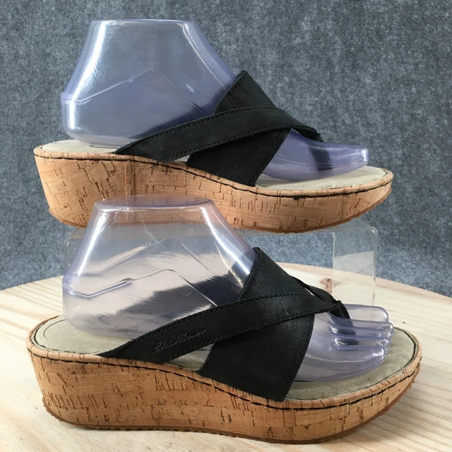 Eddie Bauer Sandals Women 8.5 Kara Wedge Cork Heels Thong Open Toe Black Leather