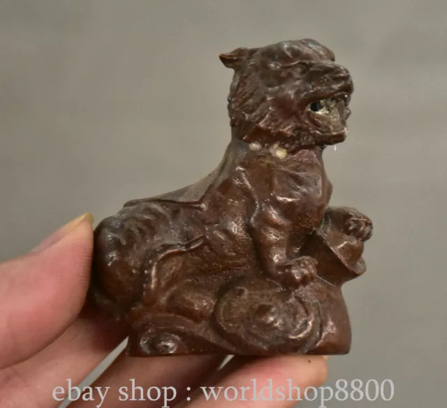 2.4" Old Chinese Purple Copper Fengshui 12 Zodiac Year Tiger Wealth Statue