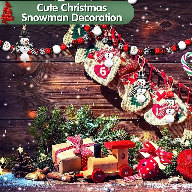 Christmas Snowman Wooden Bead Winter Buffalo Plaid Wood HOT NEW Round Print B5O2