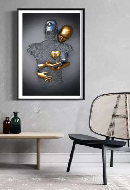 Silver Gold Metallic 3D effect Couple Lovers Embrace Canvas Art or Poster Print