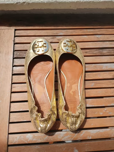 Tory Burch Reva Crackled Metallic Ballerina Flat Gold Shoes Size 8 - SOLD OUT