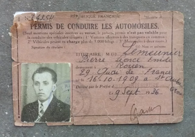 Ancien Permis De Conduire Les Automobiles Français Année 1936