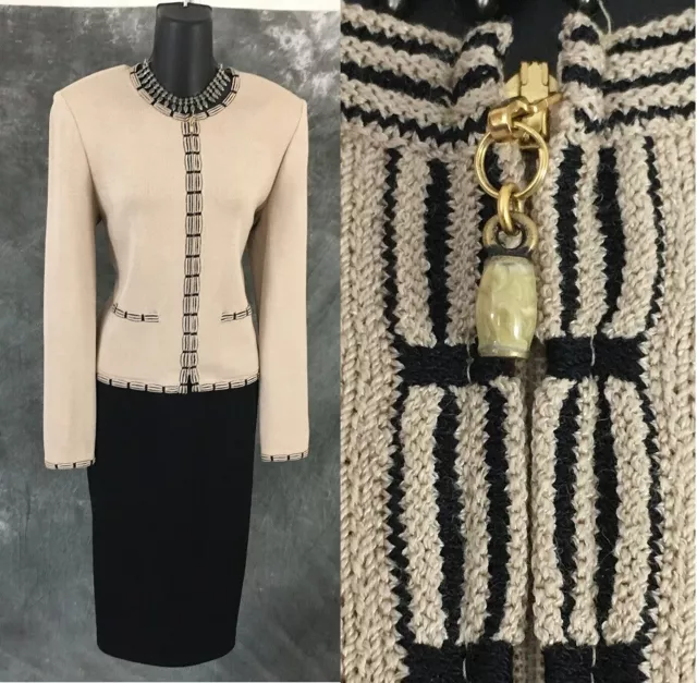 BEAUTIFUL St John collection knit beige black jacket skirt suit size 6