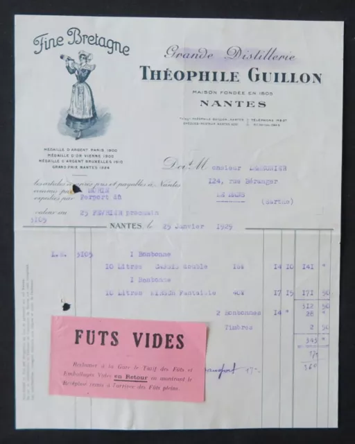 Billhead Facture NANTES 1929 Distillerie THEOPHILE GUILLON illustrée 121