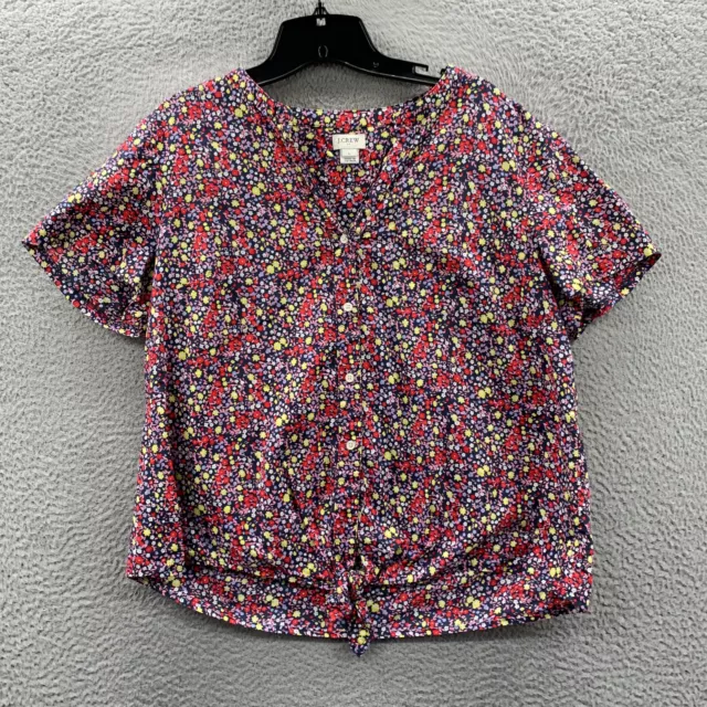 J Crew Shirt Womens Large Button Up Blouse Top Floral Short Sleeve Blue