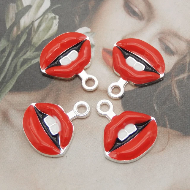 12 Stück Rote Lippe Emaille Charm Legierung Silber Anhänger Ohrring DIY 19x17 mm