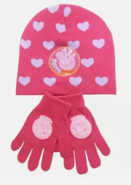 Peppa Schweinehütze & Handschuh Set Winter Kinder rosa Einheitsgröße Geschenk Weihnachten BEANIE BRANDNEU MIT ETIKETT