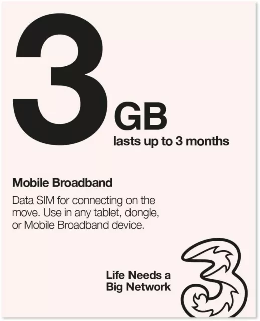 Three PAYG Preloaded 3GB 4G Data SIM Mobile Broadband lasts up to 90 days
