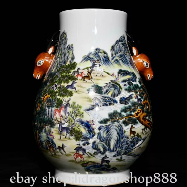 12.2" Qianlong Marked Pastel Porcelain Fengshui Deer Animal Zun Vase Bottle