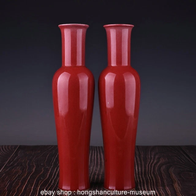 11" Kangxi Old Chinese Red Glaze Porcelain Dynasty Palace Bottle Vase Pair