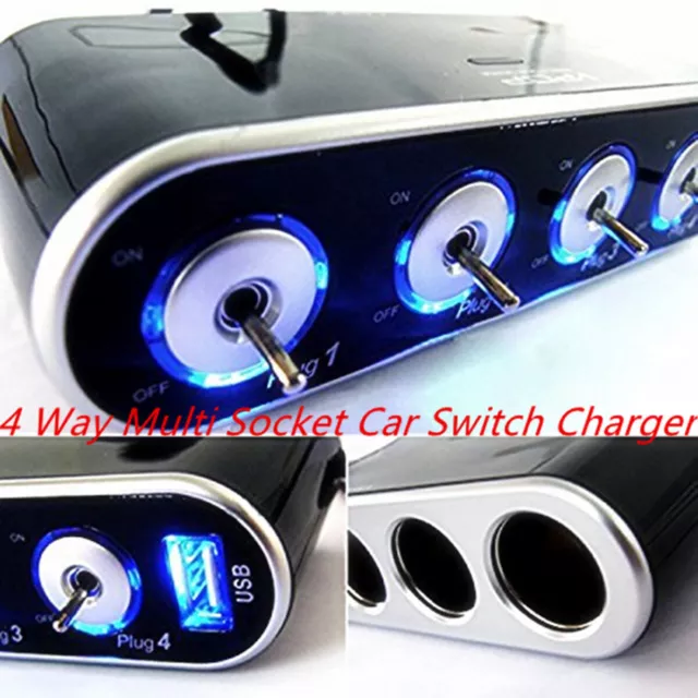 Car USB Charger4Way Multi Socket Switch Cigarette Lighter Ports Adapter Splitter