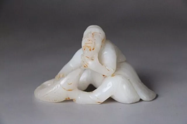 Chinese Antique Qing Hand-Carved Old Hetian Jade Fish Bat Statues