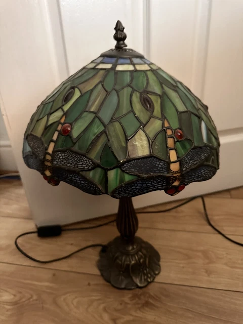 Art Deco Retro Stained Glass Leaded Tiffany Style Metal Base Dragonfly Motif