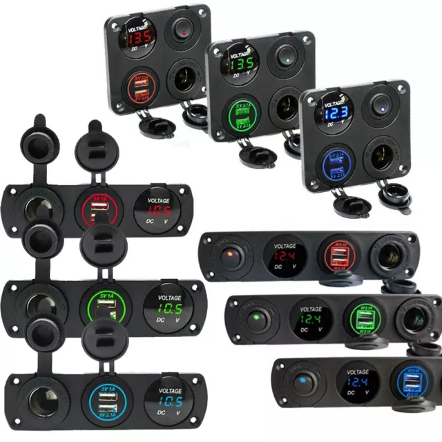 12V Car Boat RV Dual USB Charger Switch Panel Cigarette Lighter Socket Voltmeter