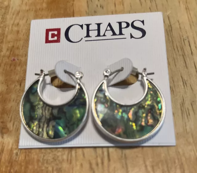 Chaps Women's Silvertone Abalone Click Top Chubby Hoop Earrings NWT