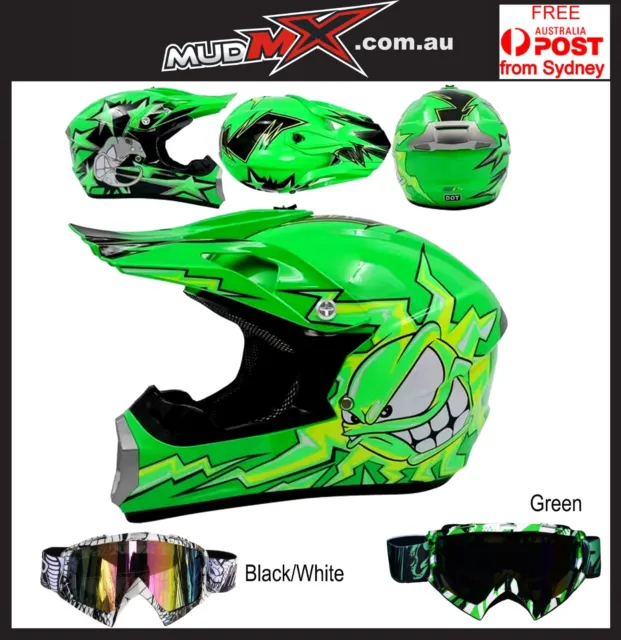 NEW GREEN Gloss Helmet + FREE Goggles for MX BMX MOTOCROSS JNR YOUTH/ADULT/KIDS