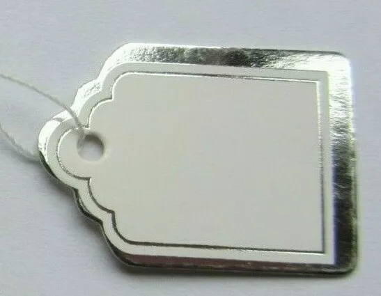 100 Small White Silver Swing Tags Labels Retail Jewellery String Price 16 x 24mm