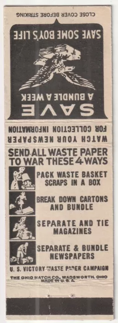 c1940s~WWII~Recycle Paper~SAVE A BOY~Army Navy Campaign~VTG Matchbook Cover