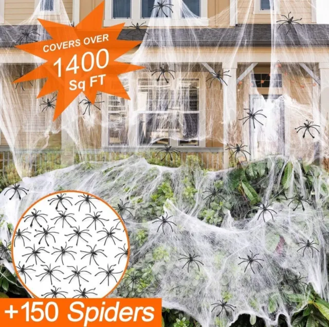 1400 sqft Halloween Spider Webs Decorations with 150 Extra Fake Spiders
