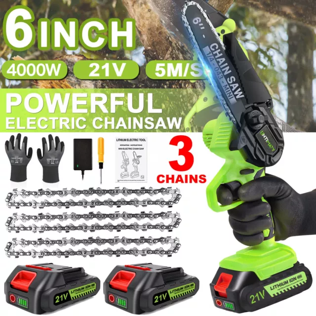 4000W 6"Mini Cordless Electric Chainsaw 2XBattery Power Wood Cutter Rechargeable