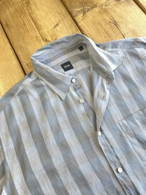 Mens HUGO BOSS Linen Blend Shirt XL Grey Stripe Short Sleeve Regular Fit