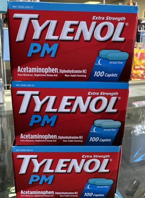 Tylenol PM Extra Strength Pain Reliever & Sleep Aid - 100 Caplets (3boxes)