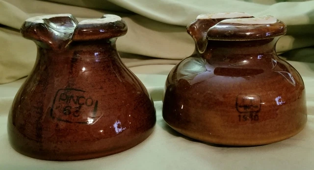 Lot Of 2 Vintage Brown Glaze Ceramic Electric Insulators (Pinco 63 & Pp 1990)