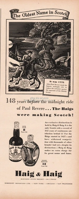 1939 Haig & Haig Scotch Whisky 1775 Paul Revere Midnight Ride Bar Room Décor Ad