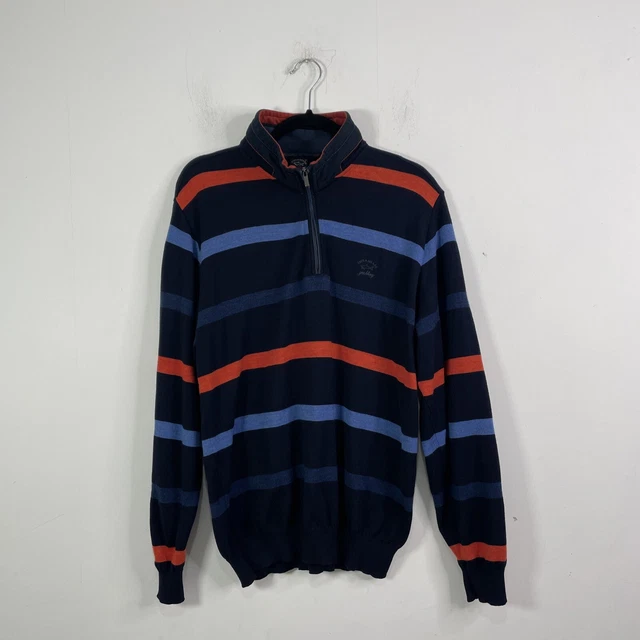 Paul & Shark 100% Wool Navy Blue Orange Stripe ¼ Zip Jumper Size M