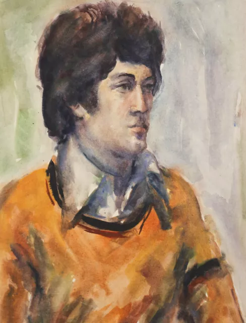 Vintage original watercolor painting men portrait