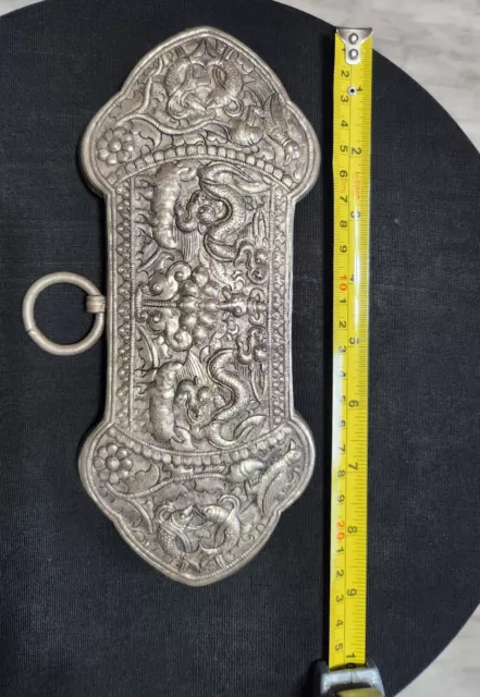 RARE Antique 19th Century Tibetan Silver Hammered Belt Buckle Dragon Foo Dogs