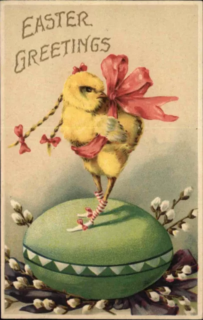 Easter Chick in Ribbons on Colored Egg c1910 Vintage Postcard