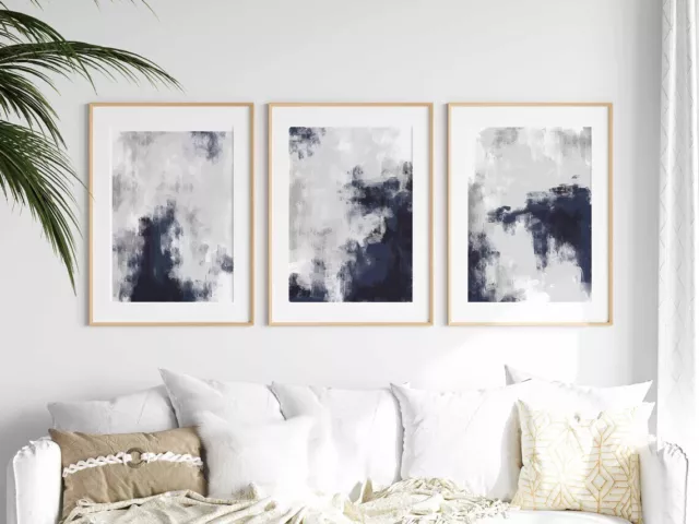 Set of 3 Modern Wall Art Navy Blue White Grey Abstract Art, Minimal Picture Home 3