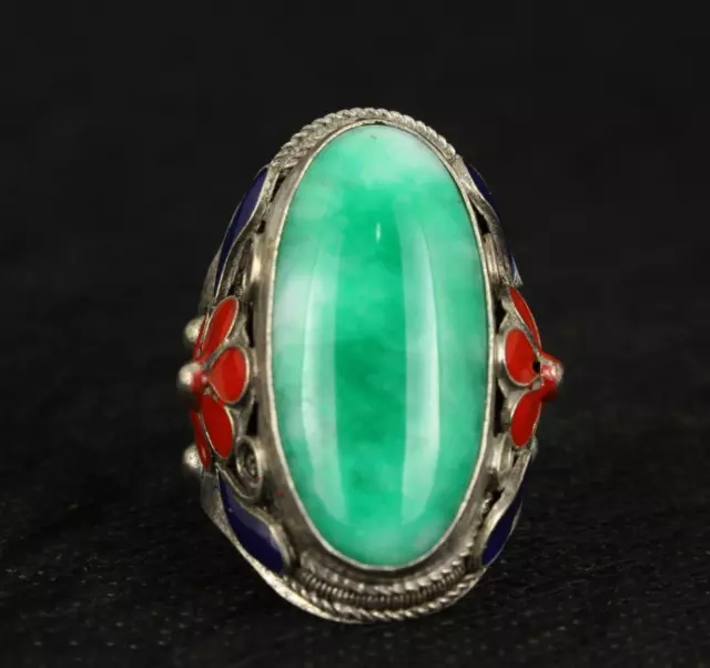 Superb Old Handwork Natural Green Jade Tibet Silver Enamel Flower Adjust Ring