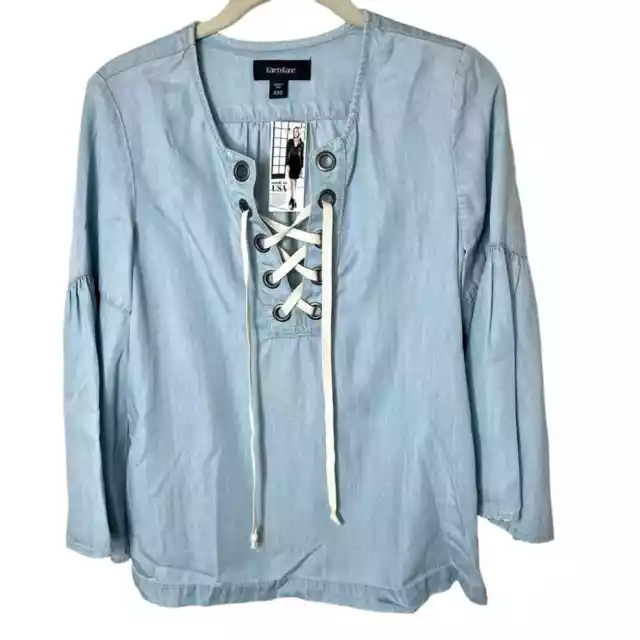 NEW With Tags Karen Kane Blue Tencel Bell Sleeve Lace Up Blouse in Size XXS