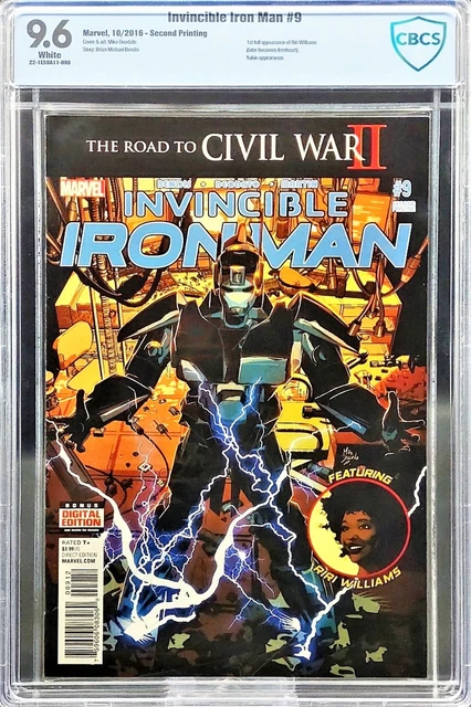 Invincible Iron Man #9 2nd Print, CBCS 9.6 NM+, 1st Full Riri Williams