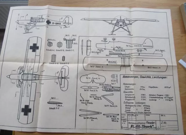 Alter Modell  Bauplan Flugzeug Aufklärer Fi 156 Storch Fieseler 30-40iger Jahre