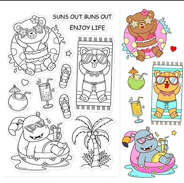 Beach Life Bear  Sentiment New Silicon Transparent Stamp Seal Card Making UK