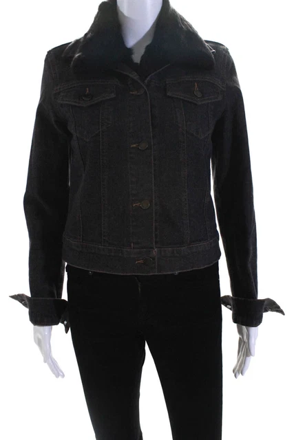 Theory Womens Button Front Rabbit Fur Lined Jean Jacket Gray Denim Size Medium