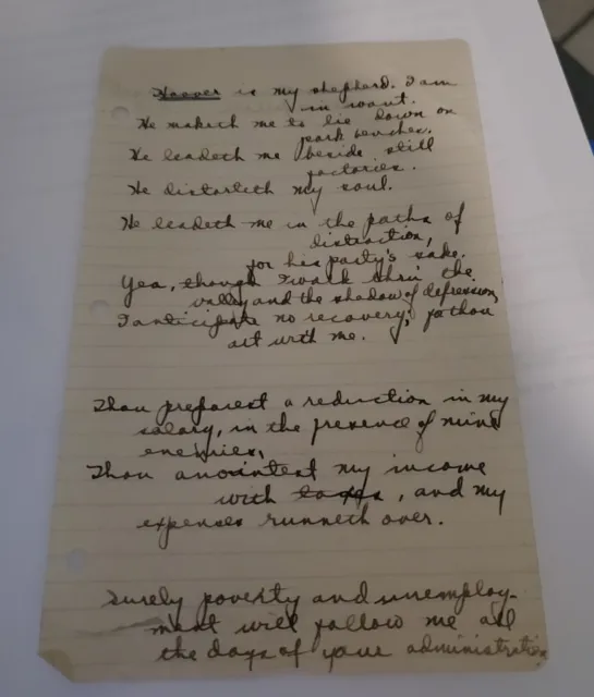 Handwritten Manuscript Of Anti-Hoover Depression Parady Of 23Rd Psalm