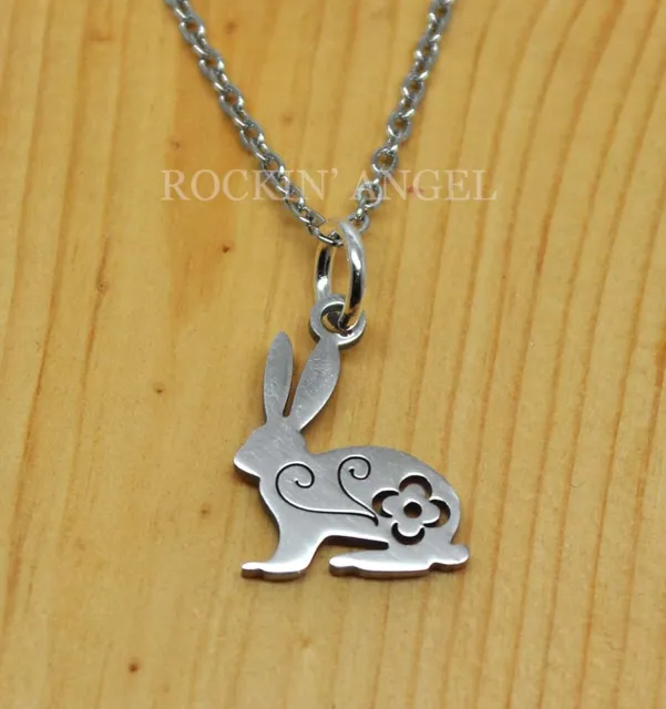 Cute Floral Bunny Rabbit Pendant Necklace, Ladies, Girls Gift Stainless Steel