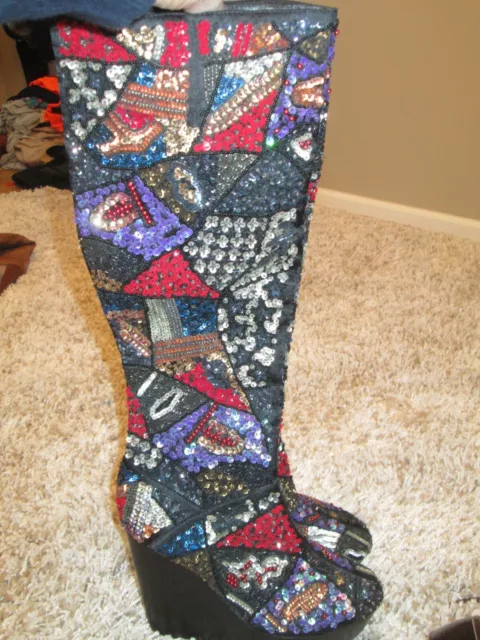 Fabulous Alice + Olivia Multi Color Sequin Platform Wedge Knee High Boots, Sz 37 2