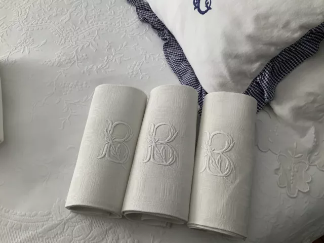 Linge Ancien 3 Grandes Serviettes Damassé Soie  Lys Brodé Dans Le Monogramme B