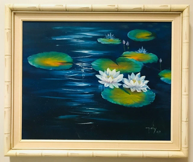 Water Lilly Original Oil Painting on Canvas Framed and Ready to Hang 23"x19"