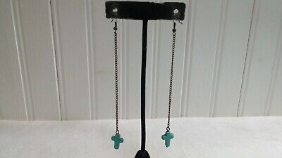 Long Brasstone Metal Howlite Turquoise Cross Drop Dangle Wire Pierced Earrings