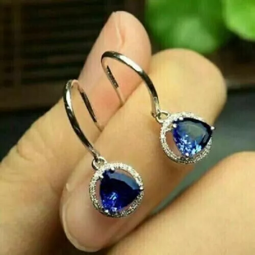 2CT Trillion Blue Tanzanite Diamond Drop/Dangle Earrings 14K White Gold Plated